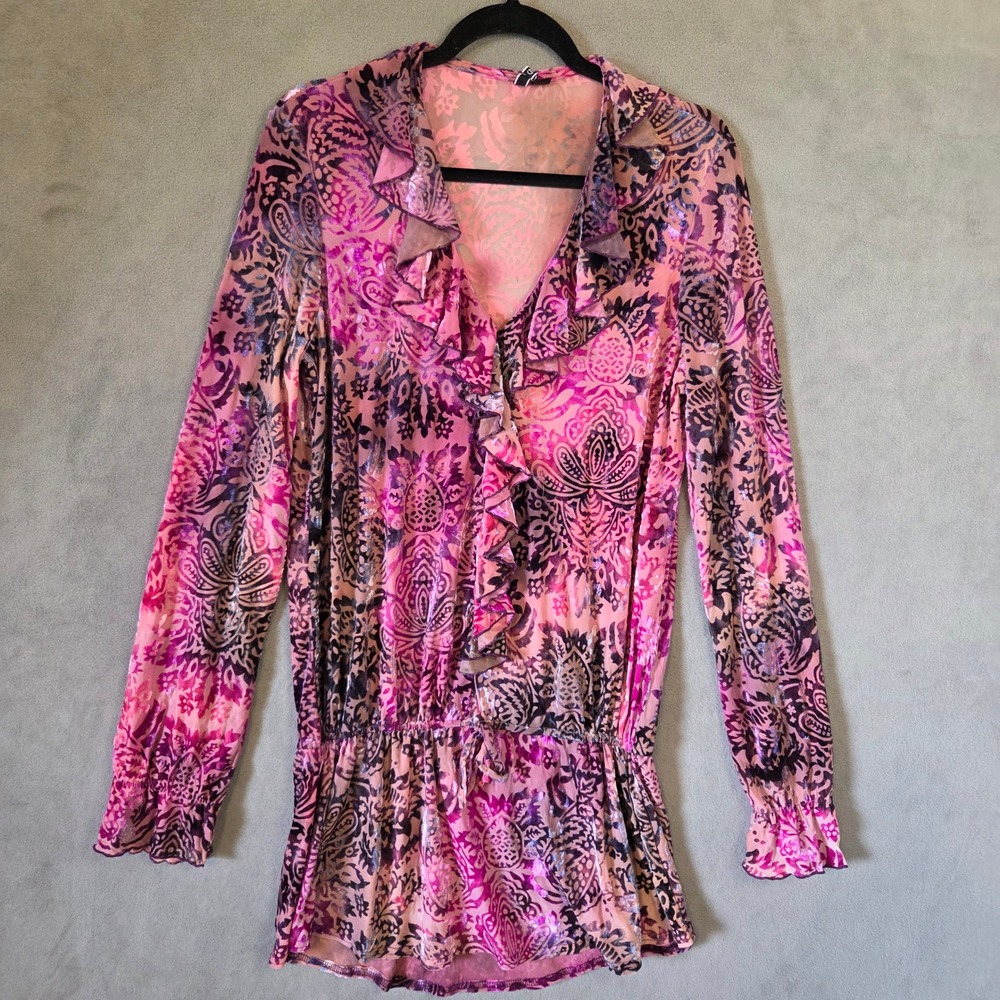Sno Skins Paisley Velvet Burnout V-Neck Top Women's Large Ruffle Y2K Boho Fairy